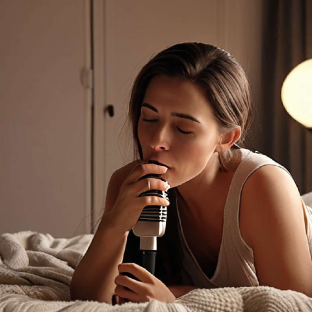 **A serene woman gently whispering into a microphone, soft lighting, cozy bedroom setting, promoting relaxation and sleep.**