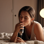 **A serene woman gently whispering into a microphone, soft lighting, cozy bedroom setting, promoting relaxation and sleep.**