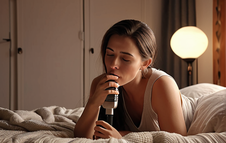 **A serene woman gently whispering into a microphone, soft lighting, cozy bedroom setting, promoting relaxation and sleep.**